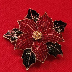 VTG Liz Claiborne Poinsettia Christmas Brooch Pin Beaded Enamel Rhinestones